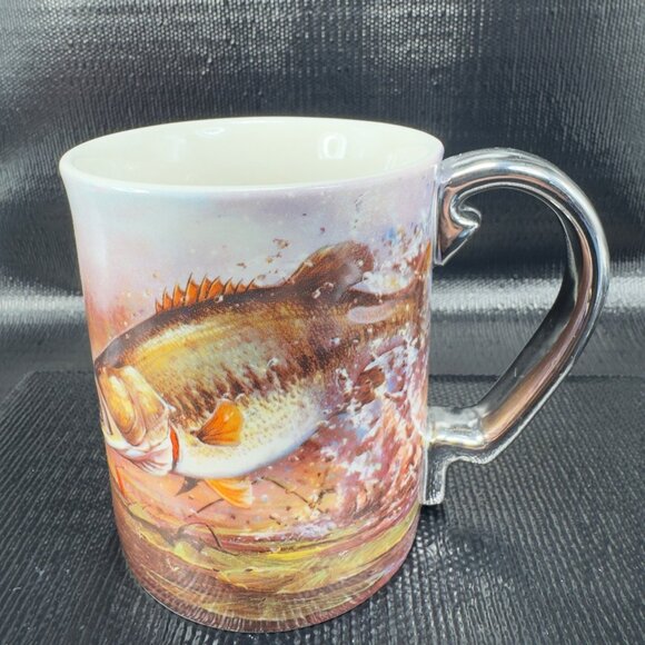 Rivers Edge Products 3D Ceramic Coffee Mug Cup 15 Oz Fishing Scene Silver Handle - Picture 10 of 15